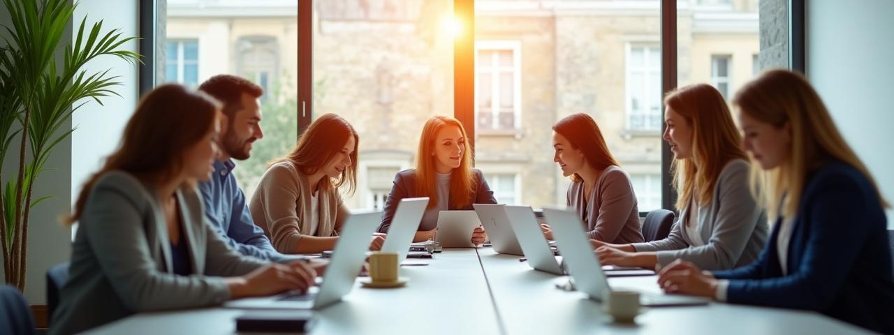 Professionnels divers travaillant ensemble avec des outils numériques, symbolisant la mission d'Essor Urbain.