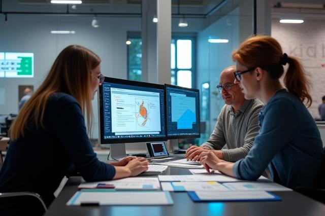 Équipe de designers et d'éducateurs collaborant sur des supports de cours numériques.