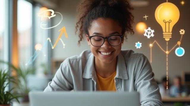 Personne souriante travaillant sur un ordinateur portable, entourée de icônes de croissance et d'éducation numérique.